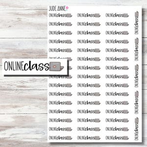 May include: White sticker sheet with the text "ONLINEclass" in a black, handwritten font. Each sticker features a laptop icon with a heart on the screen. The sheet also includes the name "JUDE ANNE".