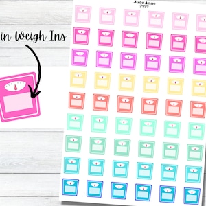 May include: A sticker sheet featuring rows of small, colorful bathroom scale icons in shades of pink, yellow, orange, teal, and blue. Each scale has a dial and a blank rectangular space for notes. The text "Write in Weigh Ins" is printed on the left.