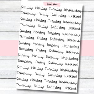 May include: A sheet of printable planner stickers with the days of the week written in cursive. The days of the week are Sunday, Monday, Tuesday, Wednesday, Thursday, Friday, Saturday, and Weekend. The stickers are printed on white paper with a pink background.