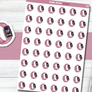 May include: A sheet of pink and white stickers featuring a pink fitness tracker with a heart rate monitor. The tracker has a purple heart icon and the number 10000 displayed on the screen. The stickers are arranged in a grid pattern.