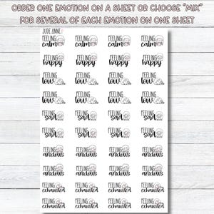 May include: Sheet of stickers with various emotions: calm, happy, low, sad, anxious, and exhausted. Each sticker features a small illustration and the emotion's name. The text "Jude Anne" is at the top.