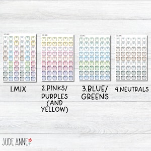 May include: Four sheets of stickers with different color schemes. Each sheet has 64 small scale stickers. The first sheet is a mix of colors, the second sheet is pink, purple, and yellow, the third sheet is blue and green, and the fourth sheet is neutral colors. The sheets are labeled with the numbers 1 through 4 and the color schemes.