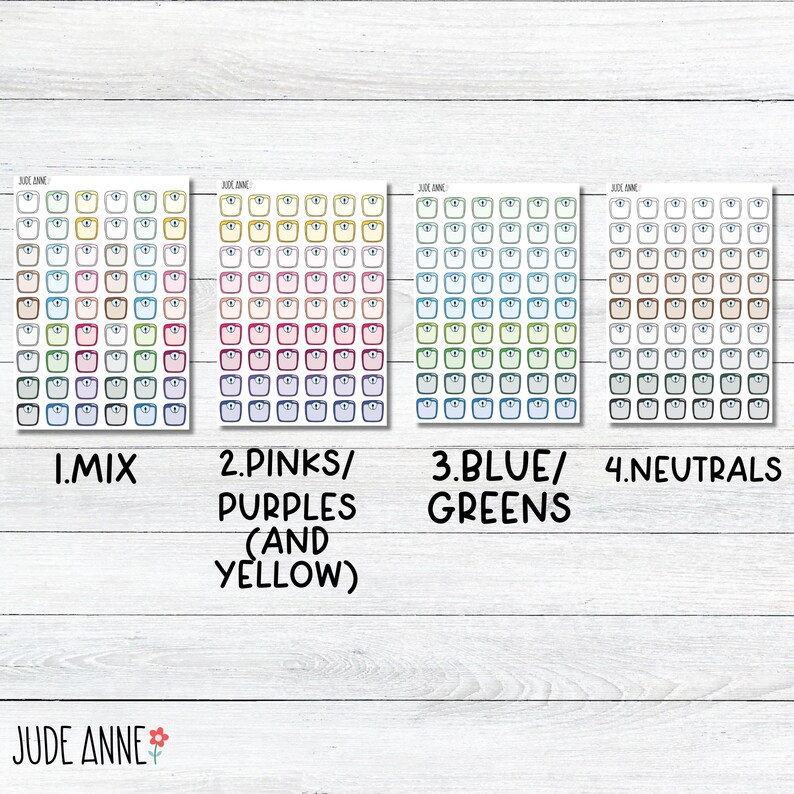 May include: Four sheets of stickers with different color schemes. Each sheet has 64 small scale stickers. The first sheet is a mix of colors, the second sheet is pink, purple, and yellow, the third sheet is blue and green, and the fourth sheet is neutral colors. The sheets are labeled with the numbers 1 through 4 and the color schemes.