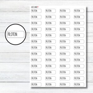 May include: A sheet of rectangular white adhesive labels with rounded corners and a black dashed border. Each label features the word PROTEIN: printed in a bold, black, sans-serif font. The sheet contains multiple rows and columns of these labels.