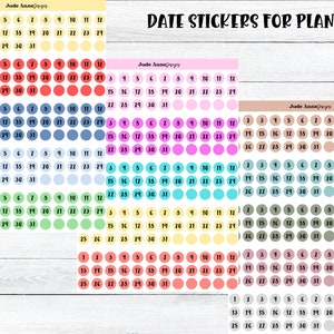 May include: A set of 10 sheets of date stickers for planners. Each sheet features a different color and design of circles with numbers 1 through 31. The sheets are labeled "Date Stickers for Planners" and "Jude Anne Designs".