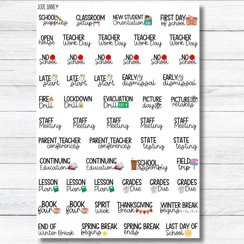 May include: A set of 36 colorful printable stickers for teachers. The stickers feature various school-related events and activities, such as "First Day of School", "Teacher Work Day", "Fire Drill", "Picture Day", "State Testing", "Field Trip", "Book Fair", "Spring Break", and "Last Day of School".