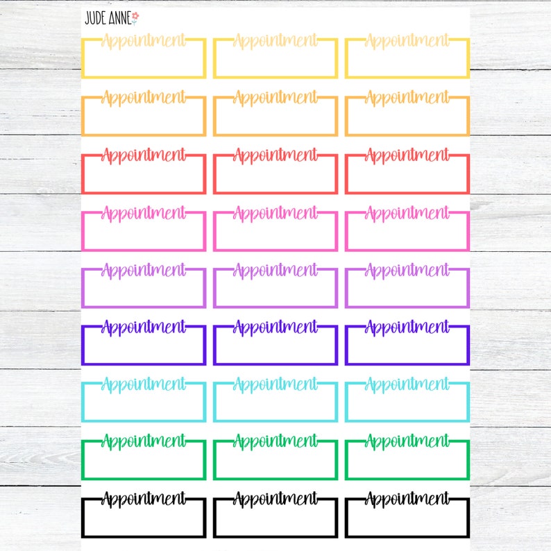 May include: A set of 12 colorful appointment reminder stickers with a white background and black text. The stickers are in a rainbow of colors, including yellow, orange, red, pink, purple, blue, turquoise, green, and black.