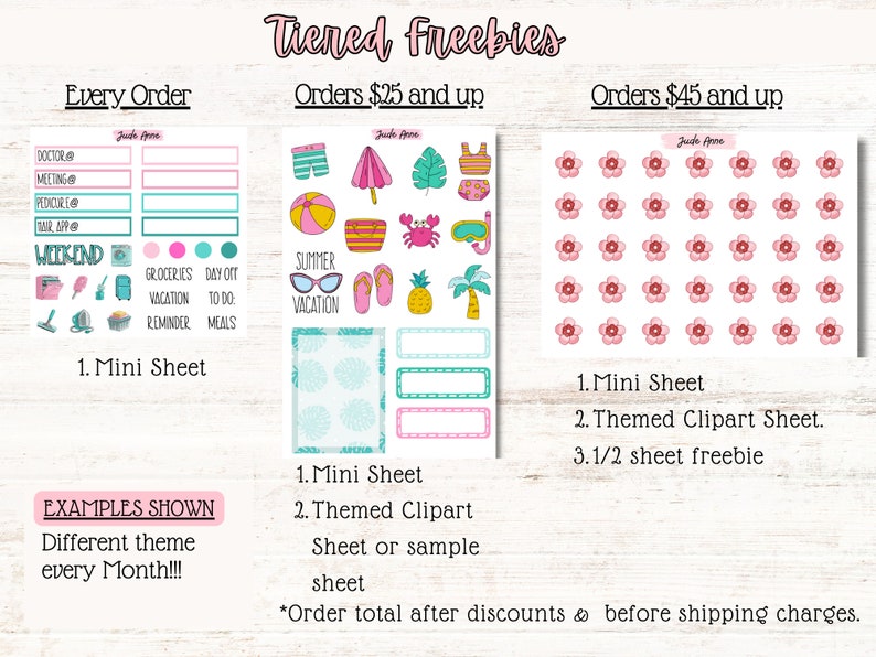 May include: A graphic showing tiered freebies for Etsy orders.  Orders over $25 receive one mini sheet of stickers. Orders over $45 receive one mini sheet, one themed clipart sheet, and a half sheet freebie.  The image shows examples of the stickers, including a summer vacation theme, a floral theme, and a planner theme.