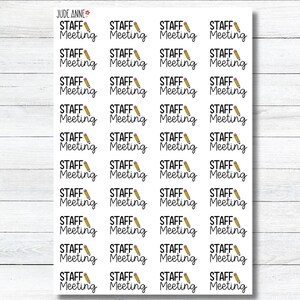 May include: A sheet of white stickers with the text "STAFF Meeting" in black script, each accompanied by a small yellow pencil illustration. The stickers are arranged in neat rows and columns, perfect for planning and organization.