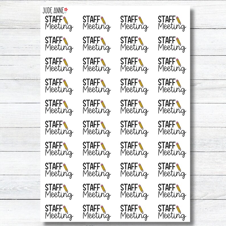 May include: A sheet of white stickers with the text "STAFF Meeting" in black script, each accompanied by a small yellow pencil illustration. The stickers are arranged in neat rows and columns, perfect for planning and organization.