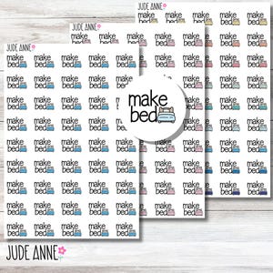 May include: A collection of sticker sheets featuring the text make bed and a small illustration of a bed in various colors including blue, pink, and teal. The brand name JUDE ANNE with a small flower icon is printed at the top of each sheet.