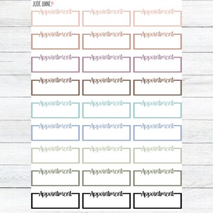 May include: A sheet of 18 blank appointment stickers in various colors, including peach, brown, purple, teal, blue, green, and black. Each sticker has a white border and the word "Appointment" written in black.