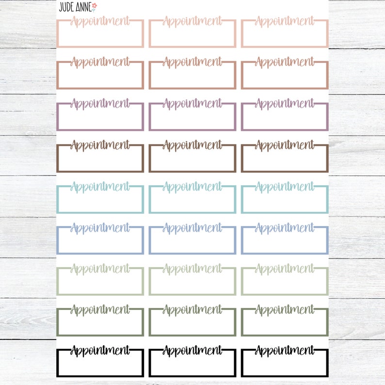 May include: A sheet of 18 blank appointment stickers in various colors, including peach, brown, purple, teal, blue, green, and black. Each sticker has a white border and the word "Appointment" written in black.