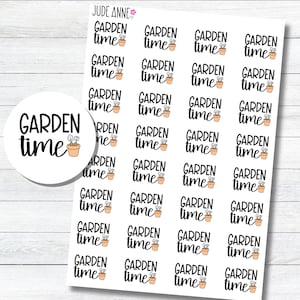 May include: A sheet of stickers with the words "GARDEN time" in a black, handwritten font. Each sticker features a small illustration of a potted plant. The stickers are arranged on a white background.