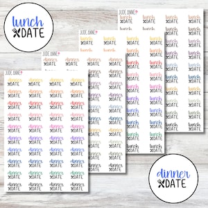 May include: Sticker sheets featuring "lunch date" and "dinner date" in diverse fonts and colours. The stickers are arranged in vertical strips and circular designs. These stickers are for planning and organisation.