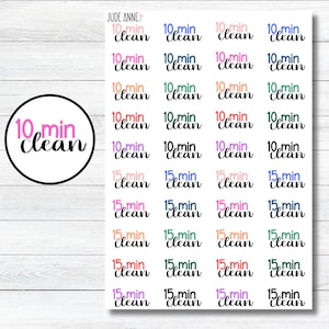 May include: A sticker sheet featuring multiple rows of labels with the text 10 min clean and 15 min clean in various colors including pink, blue, orange, green, and purple. The text is written in a mix of sans-serif and script fonts.