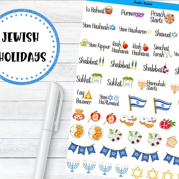 Jewish Holiday Planner Stickers, Cute Holiday Icon, Calendar, Jewish Holidays, Jewish Gift, Celebration Stickers, Sticker Sheet for Planning