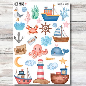 Hoja de pegatinas con temática náutica, pegatinas para planificador con temática oceánica, pegatinas decorativas para planificador, pegatinas para bullet journaling