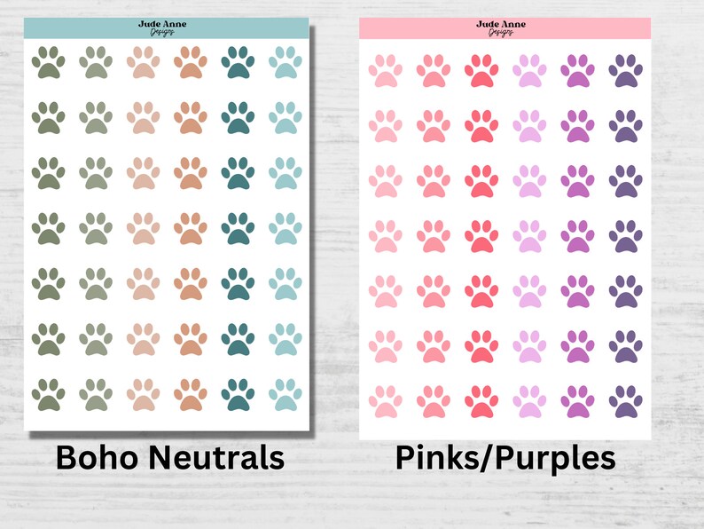 May include: Two sheets of paw print stickers. The first sheet features a variety of neutral colors, including green, brown, and blue. The second sheet features a variety of pink and purple paw prints. The text "Boho Neutrals" is printed below the first sheet and "Pinks/Purples" is printed below the second sheet.