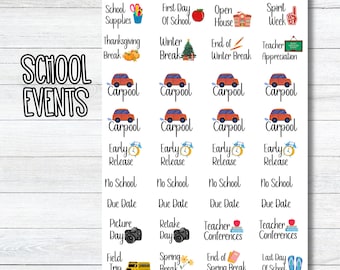 School Dates Planner Stickers, Cute School Icon Planner  Stickers, School Year Calendar, Sticker Sheet for Planning