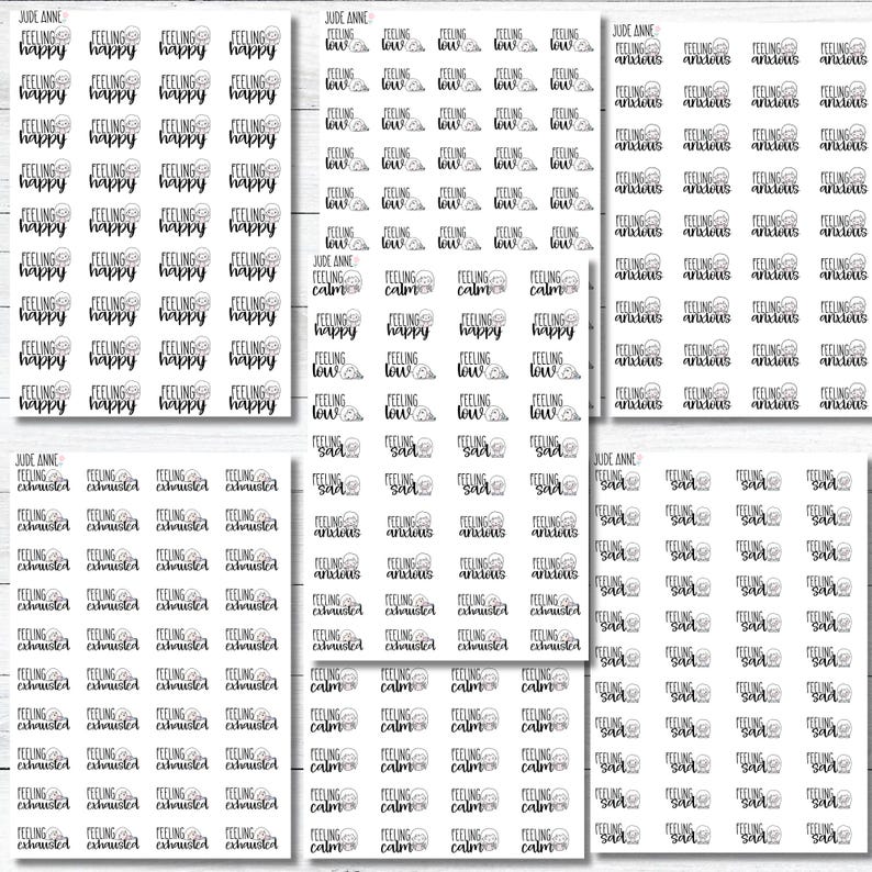 May include: Sheets of stickers with the words "Feeling Happy", "Feeling Low", "Feeling Anxious", "Feeling Exhausted", "Feeling Calm", and "Feeling Sad" in a handwritten font. The stickers are white with black text.