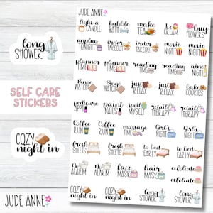 May include: A sheet of self-care stickers with various illustrations and text, including "long shower," "bubble bath," and "cozy night in." The stickers are designed with a watercolor aesthetic and feature pastel colors.
