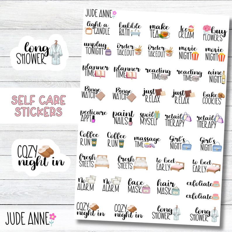 Self Care Planner Stickers | Cozy Night, Movie Night, Coffee Run, Relax ...