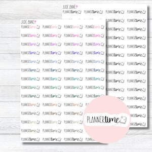 May include: A sheet of planner stickers with the text "PLANNERtime" repeated in various colors and fonts. The stickers are designed for use in a planner or journal.