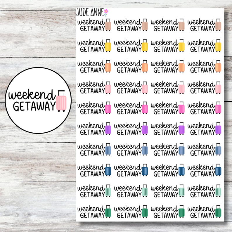 May include: A sheet of stickers with the words "weekend getaway" and small suitcase illustrations in various colors. A round sticker with the same text and a pink suitcase is on the left.