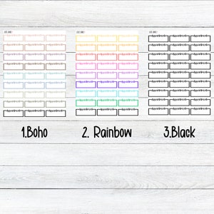 May include: Three sets of printable planner stickers with different color schemes. The first set is labeled "1. Boho" and features brown, beige, and light blue colors. The second set is labeled "2. Rainbow" and features a rainbow of colors. The third set is labeled "3. Black" and features black and white colors.