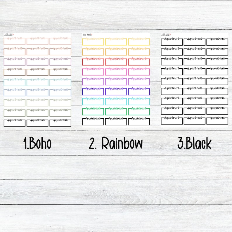May include: Three sets of printable planner stickers with different color schemes. The first set is labeled "1. Boho" and features brown, beige, and light blue colors. The second set is labeled "2. Rainbow" and features a rainbow of colors. The third set is labeled "3. Black" and features black and white colors.