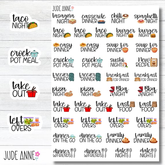 Dinner Planner Stickers | Meal Planning Stickers, Pizza Taco Sushi Night | Family Dinner, Date Night, Takeout | Planner Stickers