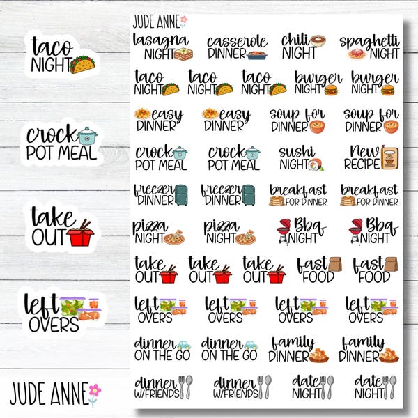 Dinner Planner Stickers | Meal Planning Stickers, Pizza Taco Sushi Night | Family Dinner, Date Night, Takeout | Planner Stickers
