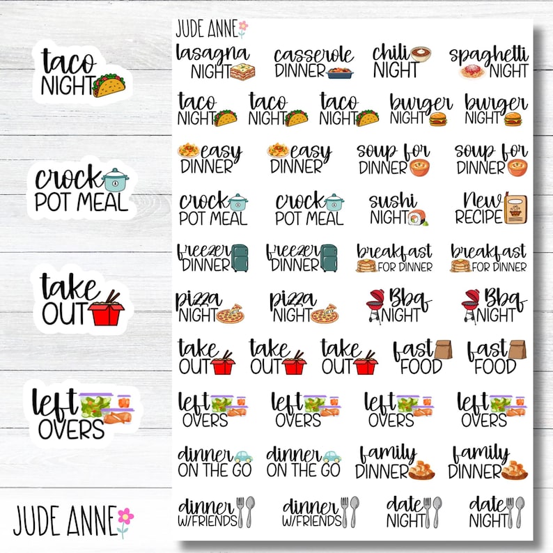 May include: A sheet of planner stickers with various dinner-related themes. The stickers include phrases like "Taco Night," "Crock Pot Meal," and "Take Out," each accompanied by related illustrations. The stickers are white with colorful graphics.