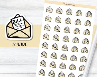 May include: A sheet of 36 stickers featuring a cartoon illustration of a yellow envelope with a white letter inside that says "BILL". The stickers are 0.5 inches wide.