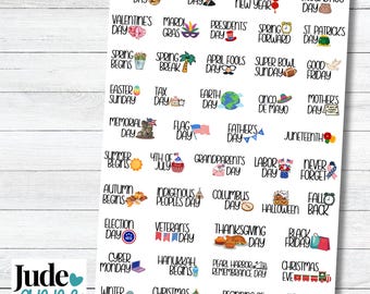 NEW Holiday Planner Stickers, Cute Holiday Icon, Calendar, U.S. Holidays, Boju Holidays, Sticker Sheet for Planning
