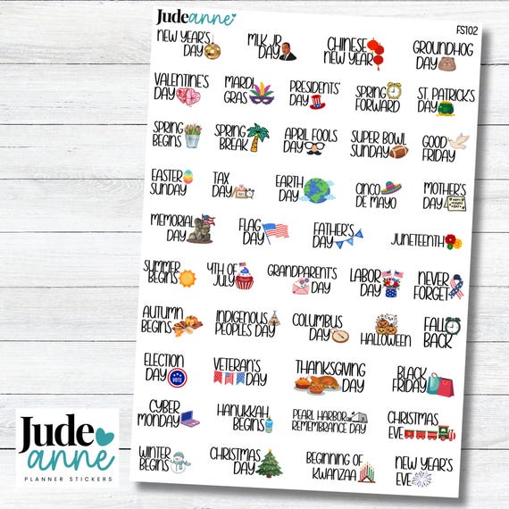 NEW Holiday Planner Stickers, Cute Holiday Icon, Calendar, U.S. Holidays, Boju Holidays, Sticker Sheet for Planning