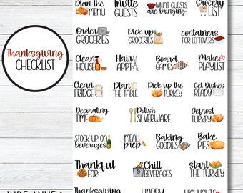May include: A sticker sheet titled Thanksgiving Checklist by Jude Anne featuring various task labels with illustrations including a pumpkin, turkey, grocery cart, cleaning supplies, board games, and food items. The text includes Plan the menu, Invite guests, Grocery list, Order groceries, Clean house, Hair appt, Make playlist, Clean fridge, Plan the table, Pick up the turkey, Polish silverware, Defrost turkey, Stock up on beverages, Meal prep, Baking goodies, Bake pies, Thankful for, Chill beverages, Start the turkey, Thanksgiving feast, Happy Thanksgiving, and Highlights from today.
