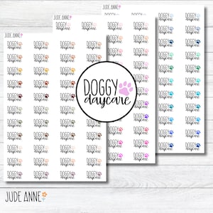 May include: A sheet of stickers with the text "Doggy Daycare" in a variety of colors and designs. The stickers are perfect for adding a touch of fun to your planner, journal, or laptop.