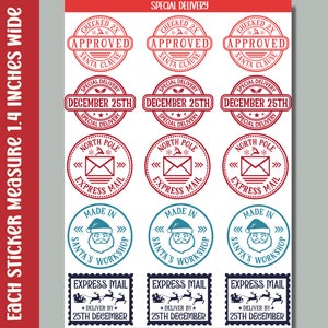 May include: Set of 12 Christmas-themed stickers, each measuring 1.4 inches wide. The stickers feature red, blue, and white designs with various holiday-related text, including "Checked 2X Approved", "December 25th", "North Pole Express Mail", "Made in Santa's Workshop", and "Express Mail Deliver by 25th December".