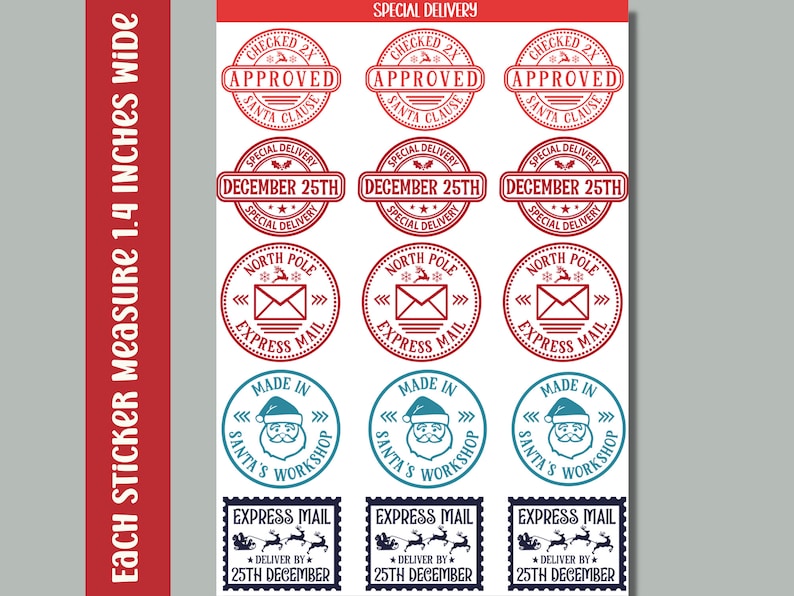 May include: Set of 12 Christmas-themed stickers, each measuring 1.4 inches wide. The stickers feature red, blue, and white designs with various holiday-related text, including "Checked 2X Approved", "December 25th", "North Pole Express Mail", "Made in Santa's Workshop", and "Express Mail Deliver by 25th December".