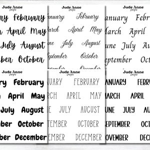 May include: Three sheets of stickers with the months of the year written in black. The stickers are in a cursive font and are arranged in three columns. The top sheet has the months written in a larger font size than the bottom two sheets. The bottom two sheets have the months written in a smaller font size and are arranged in a more compact format.