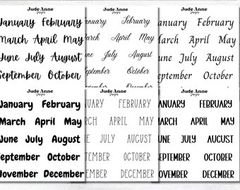May include: Three sheets of stickers featuring the months of the year written in black. The stickers are in a cursive font and are arranged in three columns. The top sheet has the months written in a larger font size than the bottom two sheets. The bottom two sheets have the months written in a smaller font size and are arranged in a more compact format.