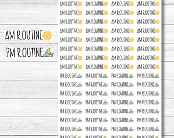 May include: Sheet of stickers with the text "AM ROUTINE" and "PM ROUTINE". The "AM ROUTINE" stickers have a yellow sun graphic, and the "PM ROUTINE" stickers have a blue cloud and moon graphic. The stickers are on a white background.