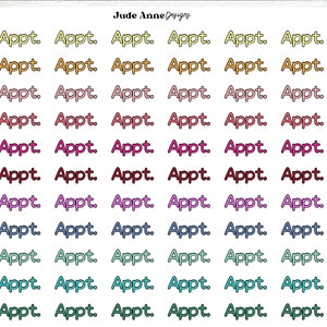 May include: A sheet of colorful stickers with the word "Appt." repeated in various colors, including yellow, orange, pink, red, purple, blue, green, and teal.