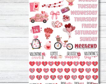 February Monthly Kit Planner Stickers, Valentine Deco Planner Kit, Heart Themed Stickers