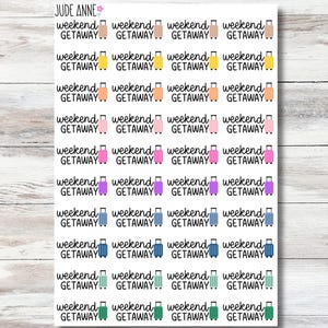 May include: Sheet of stickers with the text "weekend GETAWAY" and small suitcase illustrations in various colors. The stickers are arranged in rows and columns on a white background.