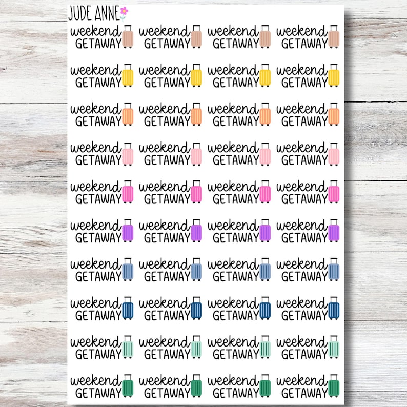 May include: Sheet of stickers with the text "weekend GETAWAY" and small suitcase illustrations in various colors. The stickers are arranged in rows and columns on a white background.