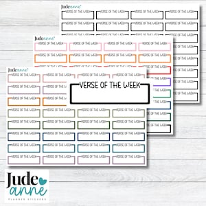 May include: Three sheets of rectangular planner stickers featuring the text Verse of the Week in various colors including black, pink, orange, purple, green, blue, and lavender. Each sticker has a bold outline and the brand name Judeanne at the top.