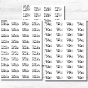 May include: Sheets of stickers with various phrases and illustrations. The stickers include the words "Feeling Calm", "Feeling Exhausted", and "Feeling Sad", each with a corresponding graphic. The stickers are white with black text and illustrations.